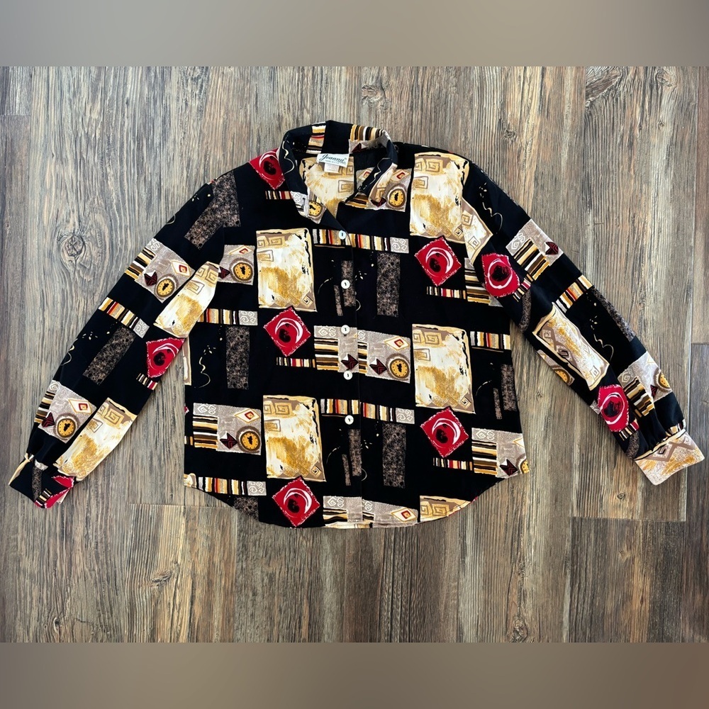 Vtg Joanna L/S Button-Up Blouse Womens L Black Abstract Mother-of-Pearl Buttons